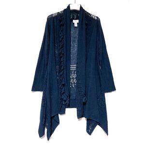 Soft Surroundings Long Cardigan Sweater Wool Cashmere Blue Fringe Tassels Medium